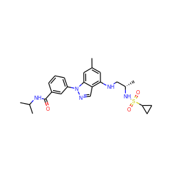 Cc1cc(NC[C@H](C)NS(=O)(=O)C2CC2)c2cnn(-c3cccc(C(=O)NC(C)C)c3)c2c1 ZINC000066101461