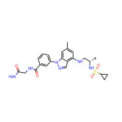 Cc1cc(NC[C@H](C)NS(=O)(=O)C2CC2)c2cnn(-c3cccc(C(=O)NCC(N)=O)c3)c2c1 ZINC000066066317