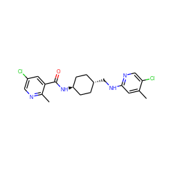 Cc1cc(NC[C@H]2CC[C@H](NC(=O)c3cc(Cl)cnc3C)CC2)ncc1Cl ZINC000261139365