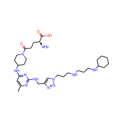 Cc1cc(NC2CCN(C(=O)CC[C@H](N)C(=O)O)CC2)nc(NCc2cn(CCCNCCCNC3CCCCC3)nn2)n1 ZINC001772615624