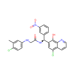 Cc1cc(NCC(=O)N[C@@H](c2cccc([N+](=O)[O-])c2)c2cc(Cl)c3cccnc3c2O)ccc1Cl ZINC000040918410