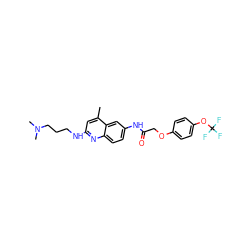 Cc1cc(NCCCN(C)C)nc2ccc(NC(=O)COc3ccc(OC(F)(F)F)cc3)cc12 ZINC000013671985