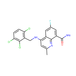 Cc1cc(NCc2c(Cl)ccc(Cl)c2Cl)c2cc(F)cc(C(N)=O)c2n1 ZINC000263620307