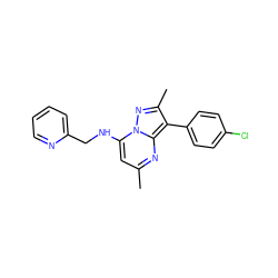 Cc1cc(NCc2ccccn2)n2nc(C)c(-c3ccc(Cl)cc3)c2n1 ZINC000005516469