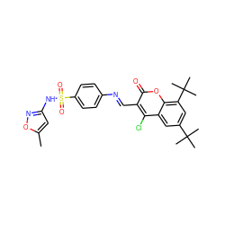 Cc1cc(NS(=O)(=O)c2ccc(/N=C/c3c(Cl)c4cc(C(C)(C)C)cc(C(C)(C)C)c4oc3=O)cc2)no1 ZINC000096921660