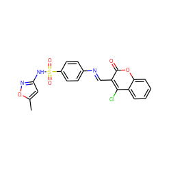 Cc1cc(NS(=O)(=O)c2ccc(/N=C/c3c(Cl)c4ccccc4oc3=O)cc2)no1 ZINC000096921654