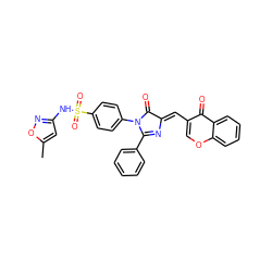 Cc1cc(NS(=O)(=O)c2ccc(N3C(=O)/C(=C/c4coc5ccccc5c4=O)N=C3c3ccccc3)cc2)no1 ZINC000299867752