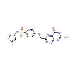 Cc1cc(NS(=O)(=O)c2ccc(NCc3cnc4nc(N)[nH]c(=O)c4n3)cc2)no1 ZINC000653834540