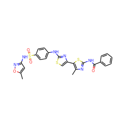 Cc1cc(NS(=O)(=O)c2ccc(Nc3nc(-c4sc(NC(=O)c5ccccc5)nc4C)cs3)cc2)no1 ZINC000006088852