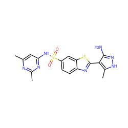 Cc1cc(NS(=O)(=O)c2ccc3nc(-c4c(N)n[nH]c4C)sc3c2)nc(C)n1 ZINC000114399845