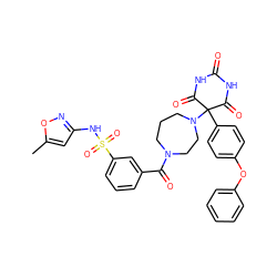 Cc1cc(NS(=O)(=O)c2cccc(C(=O)N3CCCN(C4(c5ccc(Oc6ccccc6)cc5)C(=O)NC(=O)NC4=O)CC3)c2)no1 ZINC000072107347