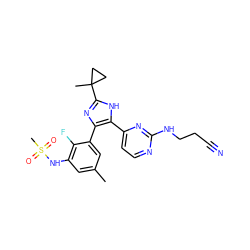 Cc1cc(NS(C)(=O)=O)c(F)c(-c2nc(C3(C)CC3)[nH]c2-c2ccnc(NCCC#N)n2)c1 ZINC000169184749