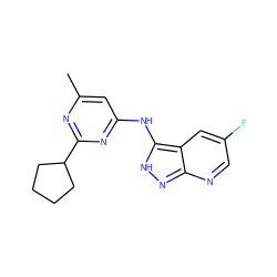 Cc1cc(Nc2[nH]nc3ncc(F)cc23)nc(C2CCCC2)n1 ZINC000141318542