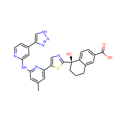 Cc1cc(Nc2cc(-c3c[nH]nn3)ccn2)nc(-c2cnc([C@@]3(O)CCCc4cc(C(=O)O)ccc43)s2)c1 ZINC000169704390