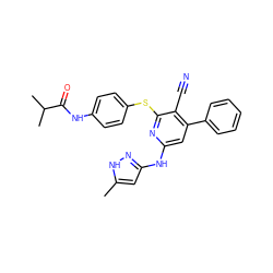 Cc1cc(Nc2cc(-c3ccccc3)c(C#N)c(Sc3ccc(NC(=O)C(C)C)cc3)n2)n[nH]1 ZINC000071340897