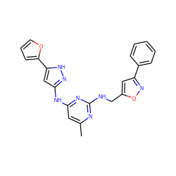 Cc1cc(Nc2cc(-c3ccco3)[nH]n2)nc(NCc2cc(-c3ccccc3)no2)n1 ZINC000203003146