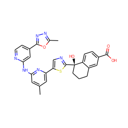 Cc1cc(Nc2cc(-c3nnc(C)o3)ccn2)nc(-c2cnc([C@@]3(O)CCCc4cc(C(=O)O)ccc43)s2)c1 ZINC000141949261