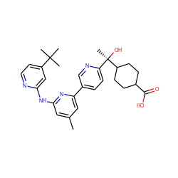 Cc1cc(Nc2cc(C(C)(C)C)ccn2)nc(-c2ccc([C@@](C)(O)C3CCC(C(=O)O)CC3)nc2)c1 ZINC001772620529