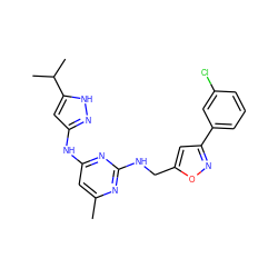 Cc1cc(Nc2cc(C(C)C)[nH]n2)nc(NCc2cc(-c3cccc(Cl)c3)no2)n1 ZINC000203004931