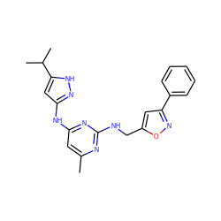 Cc1cc(Nc2cc(C(C)C)[nH]n2)nc(NCc2cc(-c3ccccc3)no2)n1 ZINC000138574329