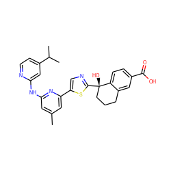 Cc1cc(Nc2cc(C(C)C)ccn2)nc(-c2cnc([C@@]3(O)CCCc4cc(C(=O)O)ccc43)s2)c1 ZINC000169704416