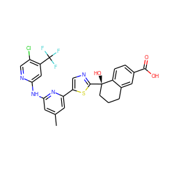 Cc1cc(Nc2cc(C(F)(F)F)c(Cl)cn2)nc(-c2cnc([C@@]3(O)CCCc4cc(C(=O)O)ccc43)s2)c1 ZINC000141902480