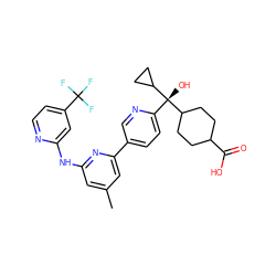 Cc1cc(Nc2cc(C(F)(F)F)ccn2)nc(-c2ccc([C@@](O)(C3CCC(C(=O)O)CC3)C3CC3)nc2)c1 ZINC000205420892