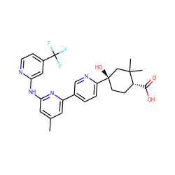 Cc1cc(Nc2cc(C(F)(F)F)ccn2)nc(-c2ccc([C@@]3(O)CC[C@@H](C(=O)O)C(C)(C)C3)nc2)c1 ZINC000144216934