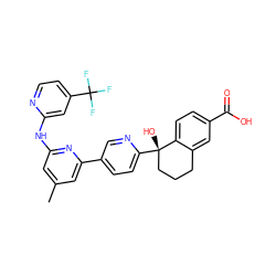 Cc1cc(Nc2cc(C(F)(F)F)ccn2)nc(-c2ccc([C@@]3(O)CCCc4cc(C(=O)O)ccc43)nc2)c1 ZINC000144718269