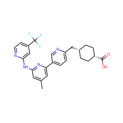 Cc1cc(Nc2cc(C(F)(F)F)ccn2)nc(-c2ccc(C[C@H]3CC[C@@H](C(=O)O)CC3)nc2)c1 ZINC000144649369