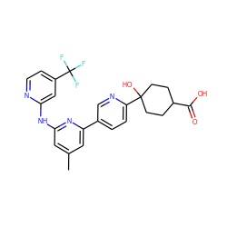 Cc1cc(Nc2cc(C(F)(F)F)ccn2)nc(-c2ccc(C3(O)CCC(C(=O)O)CC3)nc2)c1 ZINC000223521261