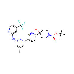 Cc1cc(Nc2cc(C(F)(F)F)ccn2)nc(-c2ccc(C3(O)CCN(C(=O)OC(C)(C)C)CC3)nc2)c1 ZINC000205419013