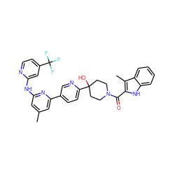 Cc1cc(Nc2cc(C(F)(F)F)ccn2)nc(-c2ccc(C3(O)CCN(C(=O)c4[nH]c5ccccc5c4C)CC3)nc2)c1 ZINC001772596238