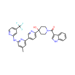 Cc1cc(Nc2cc(C(F)(F)F)ccn2)nc(-c2ccc(C3(O)CCN(C(=O)c4c[nH]c5ccccc45)CC3)nc2)c1 ZINC001772576272