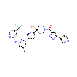 Cc1cc(Nc2cc(C(F)(F)F)ccn2)nc(-c2ccc(C3(O)CCN(C(=O)c4cc(-c5ccncc5)[nH]n4)CC3)nc2)c1 ZINC001772653349