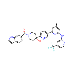 Cc1cc(Nc2cc(C(F)(F)F)ccn2)nc(-c2ccc(C3(O)CCN(C(=O)c4ccc5cc[nH]c5c4)CC3)nc2)c1 ZINC001772622918