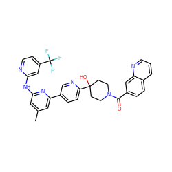 Cc1cc(Nc2cc(C(F)(F)F)ccn2)nc(-c2ccc(C3(O)CCN(C(=O)c4ccc5cccnc5c4)CC3)nc2)c1 ZINC001772580337