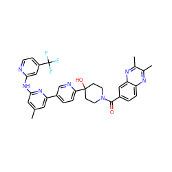 Cc1cc(Nc2cc(C(F)(F)F)ccn2)nc(-c2ccc(C3(O)CCN(C(=O)c4ccc5nc(C)c(C)nc5c4)CC3)nc2)c1 ZINC001772622199