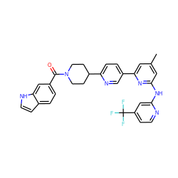 Cc1cc(Nc2cc(C(F)(F)F)ccn2)nc(-c2ccc(C3CCN(C(=O)c4ccc5cc[nH]c5c4)CC3)nc2)c1 ZINC001772623000