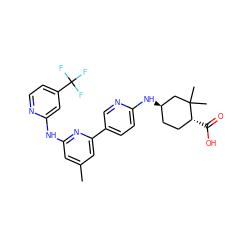 Cc1cc(Nc2cc(C(F)(F)F)ccn2)nc(-c2ccc(N[C@@H]3CC[C@@H](C(=O)O)C(C)(C)C3)nc2)c1 ZINC001772649809