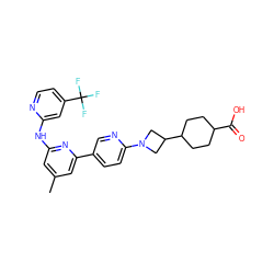 Cc1cc(Nc2cc(C(F)(F)F)ccn2)nc(-c2ccc(N3CC(C4CCC(C(=O)O)CC4)C3)nc2)c1 ZINC001772613918