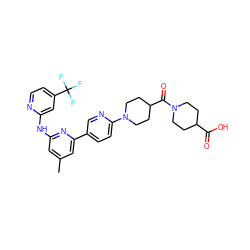 Cc1cc(Nc2cc(C(F)(F)F)ccn2)nc(-c2ccc(N3CCC(C(=O)N4CCC(C(=O)O)CC4)CC3)nc2)c1 ZINC001772624411