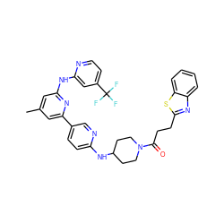 Cc1cc(Nc2cc(C(F)(F)F)ccn2)nc(-c2ccc(NC3CCN(C(=O)CCc4nc5ccccc5s4)CC3)nc2)c1 ZINC001772573200