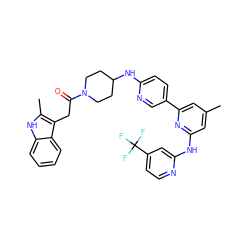 Cc1cc(Nc2cc(C(F)(F)F)ccn2)nc(-c2ccc(NC3CCN(C(=O)Cc4c(C)[nH]c5ccccc45)CC3)nc2)c1 ZINC001772635435