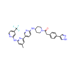 Cc1cc(Nc2cc(C(F)(F)F)ccn2)nc(-c2ccc(NC3CCN(C(=O)Cc4ccc(-c5cn[nH]c5)cc4)CC3)nc2)c1 ZINC001772657402