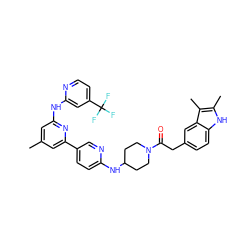 Cc1cc(Nc2cc(C(F)(F)F)ccn2)nc(-c2ccc(NC3CCN(C(=O)Cc4ccc5[nH]c(C)c(C)c5c4)CC3)nc2)c1 ZINC001772651945