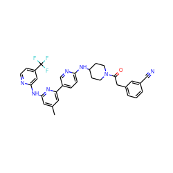 Cc1cc(Nc2cc(C(F)(F)F)ccn2)nc(-c2ccc(NC3CCN(C(=O)Cc4cccc(C#N)c4)CC3)nc2)c1 ZINC001772577263