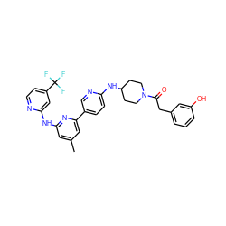 Cc1cc(Nc2cc(C(F)(F)F)ccn2)nc(-c2ccc(NC3CCN(C(=O)Cc4cccc(O)c4)CC3)nc2)c1 ZINC001772636351