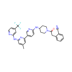 Cc1cc(Nc2cc(C(F)(F)F)ccn2)nc(-c2ccc(NC3CCN(C(=O)Cc4ccccc4C#N)CC3)nc2)c1 ZINC001772603243