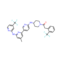 Cc1cc(Nc2cc(C(F)(F)F)ccn2)nc(-c2ccc(NC3CCN(C(=O)Cc4ccccc4C(F)(F)F)CC3)nc2)c1 ZINC001772588315